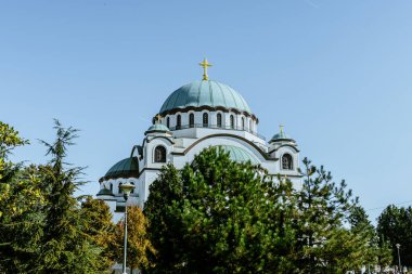 Belgrad, Sırbistan - 10162024: Saint Sava 'nın açık hava tapınağı, insanlar bir Ortodoks kilisesinde, tavanda ve kilisenin duvarlarında freskler görüyor. Yüksek kalite fotoğraf