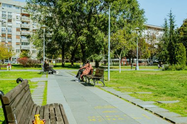 Şehir parkının yolu boyunca sakin ahşap bir bank. Yeşil çimenli olgun yaprak döken ağaçlar onu dinlenmek için büyülü bir yer haline getiriyor. Yüksek kalite fotoğraf