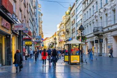 Gün batımında şehrin güzel manzarası. Yüksek kaliteli fotoğraf, Tuna Nehri arka planda yüksek ağaçların kayan tepelerle buluştuğu bir manzaranın içinde kıvrılır. Gökyüzü 