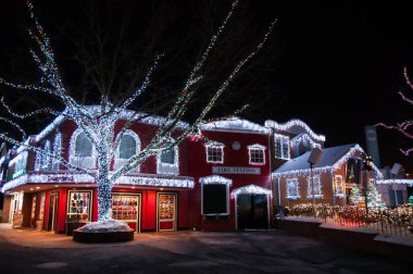 Noel ışıkları evlerde ve ağaçlarda.