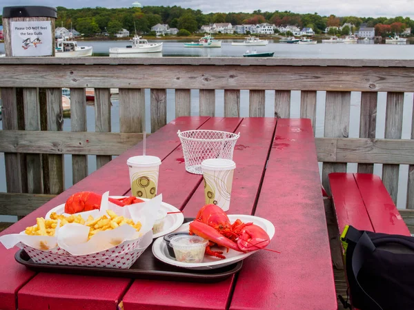 뉴잉글랜드 요리의 음미하기 바삭바삭 감자튀김을 곁들인 바닷가재 사진을 전통적 뉴잉글랜드 — 스톡 사진