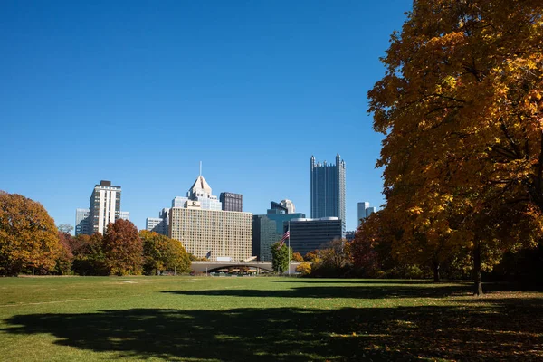 Pittsburgh şehir merkezinden Point State Park 'a sonbahar renkleriyle bak.