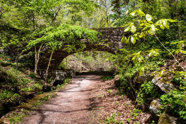 緑豊かな植生と砂利道の下に埋め込まれた美しい石造りの橋で ペンシルベニア州ピッツバーグのShenley Parkの美しさ 橋の建築設計と石積みの作品は公園に歴史と芸術のタッチを追加します — ストック写真