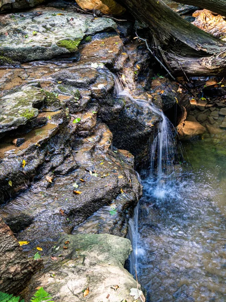 ペンシルベニア州ナトロナハイツにあるハリソンヒルズ郡公園の中心部に位置し 自然愛好家のための静かな避難所です この絵のような景色は公園の本質を捉え 小さな滝が岩の上を流れ 絹のようなリズムを作り出しています — ストック写真