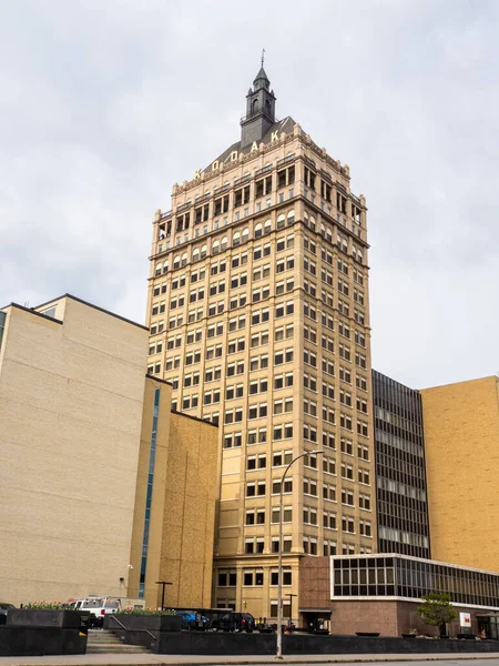 stock image Rochester New York USA - 04 28 2023: Standing on Platt Street, the Kodak Tower, a historic icon in Rochester, Upstate New York State, stretches towards the sky.