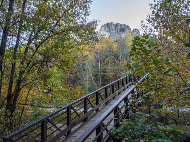 Sabahın erken saatlerinde, arka planda Seneca Kayaları 'nın heybetli güzelliği tarafından çerçevelenen Kuzey Çatalı Güney Potomac Nehri boyunca uzanan bir köprü..