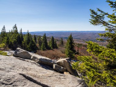 Batı Virginia 'daki Spruce Dağı' nda görkemli bir kaya çıkıntısı, engin bir sonbahar vadisine karşı yemyeşil çamlar çerçeveler, dingin mavi gökyüzünün altında..