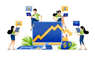 Masadaki bilgisayarın vektör çizimi. Ekonomik durgunluk sırasındaki satışlar nedeniyle çizelge düşüşü stratejisi için toplantı. İniş sayfaları, web siteleri, mobil uygulamalar, posterler, reklamlar, afişler, afişler için kullanılabilir