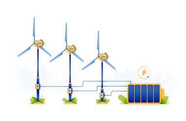 Rüzgar kaynaklı eko-dostça enerjinin tasarımı. Rüzgar türbinleri lityum bataryalarını şarj etmek ve depolamak için düşük emisyon elektriği üretir. Web, web sitesi, poster, uygulama ve broşürler için kullanılabilir
