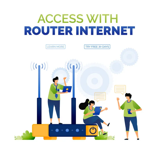 Illustratie Van Mensen Die Het Internet Betreden Met Routers Met — Stockvector