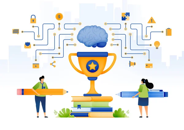 用于教育的人工智能的例证 以Ai科技为基础获得奖学金的学生 有大脑和网络的热带地区 可用于网页 应用程序 小册子 — 图库矢量图片