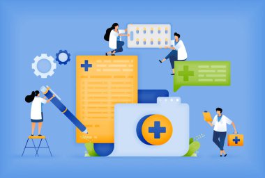 Hasta Kayıtlarını ve Tıbbi Belgeleri Düzenleyen Doktor 'un vektör illüstrasyonu. Dosyalar ve Kayıtlarla Doktor Verimli Hasta Veri Yönetimi. reklam, poster, kampanya, web sitesi, uygulamalar için kullanılabilir