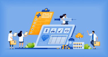 Dijital Teknoloji ile sağlık hizmetlerinde devrim yaratan vektör illüstrasyon. Doktorlar, Hastanenin bilgisayarından Hasta İlerlemesini İzliyor. reklam, poster, kampanya, web sitesi, uygulamalar, sosyal medya için kullanılabilir