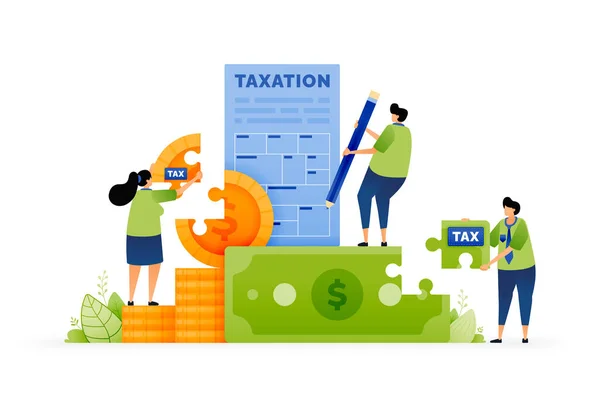 税收时间的矢量图解 填写报税表及管理资金的支付及准备工作 规划及填写报税表 可用于广告 应用程序 社交媒体 — 图库矢量图片