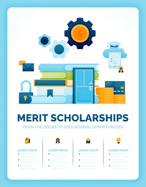 Vector Illustration Merit Based Scholarships Open Doors Educational Opportunities Unlocking — Vetor de Stock