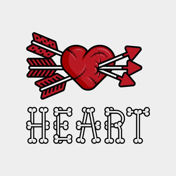 心臓を構成する骨に囲まれている間 心臓の切断とステッチされたアートワークのイラスト アパレルや衣服のための概要とゴシックホラー漫画スタイル ベクターグラフィックス