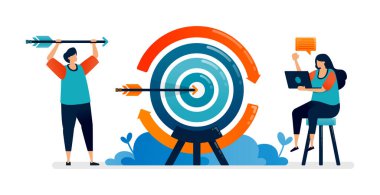 Hedefe ok atan biriyle dönen bir dart tahtası çizimi. Web, web siteleri, iniş sayfaları, uygulamalar, posterler, el ilanları için kullanılabilir