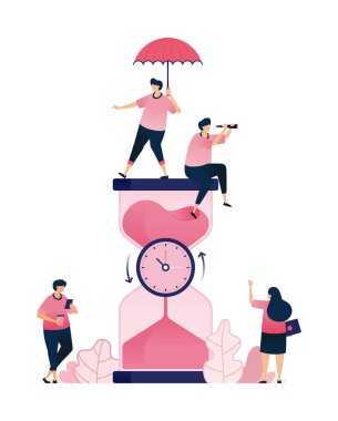 Geri sayım metaforu için kum saatiyle bağlanmış saatlerin etrafında hareket eden insanlar. Bankacılık ve finans sektörü, reklamlar, promosyonlar için kullanılabilir