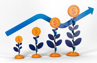 Üç boyutlu para yatırımı metaforu ile para büyütmek ve diğer madeni paraları kâr veya geri dönüş olarak üretmek. Bankacılık, finans sektörü, fintech uygulamaları, seminer afişleri, ekonomi için kullanılabilir