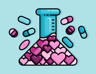 Aşk iksiri ya da uyuşturucu içeren laboratuvar şişesinin çizgi tarzı çizimi bir ilişkinin sarhoşluğunu simgeler. Clip sanatı t-shirt, giysi, baskı, afiş, çıkartma için kullanılabilir