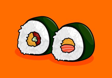 Suşi ruloları ve Norveç yosunlarının sanat tarzında çizimi. Restoranlar, kafeler, yerel sokak yemekleri, yemek kitabı menü kapakları için kullanılabilir
