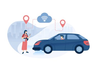 Şehirde Yolculuk İçin Taksi ya da Araba İsteyen Kız. Mobil Şehir Taşımacılığını kullanarak Paylaşım Gezisi