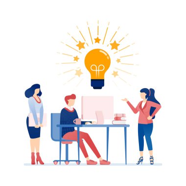 Ofis ortamında profesyonellerle takım çalışması, işbirliği ve beyin fırtınası içeren Modern düz tasarım illüstrasyonunun vektör çizimi yenilik, liderlik, yaratıcılık sergiliyor