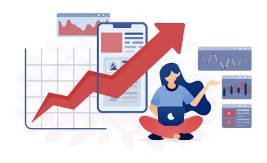 Modern dijital eğitim ortamında finansal okur yazarlık, veri analizi, istatistik ve mobil uygulamalar yoluyla muhasebe öğrenen genç kızların vektör çizimi