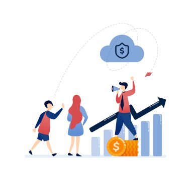 İnsanların iş büyümesini destekleyen, bar grafikleri, para yığınları ve zenginlik ve başarı için çok seviyeli pazarlama stratejileriyle sembolize edilen arkadaşlara atıfta bulunduğu vektör ilülasyonu