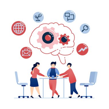 Şirket planlarını ve stratejilerini tartışan, beyin ve tekerlerle sembolize edilen, takım çalışmasını ve stratejik düşünceyi temsil eden insanların toplantılarda işbirliği yaptığı vektör ilülasyonu