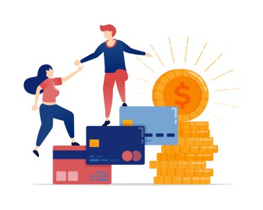 Zenginliği temsil eden para yığınlarıyla sembolize edilen kredilerden ve kredi kartı borçlarından kurtulup bireylerin finansal özgürlüğe ulaşmasına yardımcı olmanın vektör çizimi