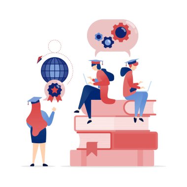 Öğrencilerin ders çalışmalarının vektör çizimi, kitap yığınları üzerinde otururken, mezuniyet elbisesi giyerken, zekayı sembolize ederken, uzaktan öğrenmeyi ve eğitimli düşünme gücünü simgelerken başarı elde etmek için