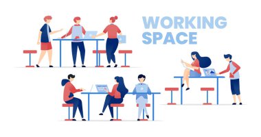 Güvenli ve Rahat Çalışma Alanları Oluşturma vektör çizimi. İnsanlar Kariyer Gelişimi ve Şirket Gelişimi İçin Üretici Çalışma Alanını Tartışıyor, İşbirliği Yapıyor ve Geliştiriyor