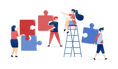 Çalışma Takımı ve Kadın Liderliği 'nin vektör çizimi. Ekibini Yapboz Yapıp Tamamlamak İçin Yöneten Bir Kadın, Şirketlerdeki Markalaşma Sürecini ve Takım Çalışmasını Çiziyor