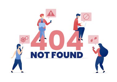 Etkinliğe Bağlı Kişilerle Bulunamayan 404 'ün vektör illüstrasyonu, Ulaşmaya çalıştıkları Sayfayı Fark Etmek, 404 Hata Metni ile resmedilmiş