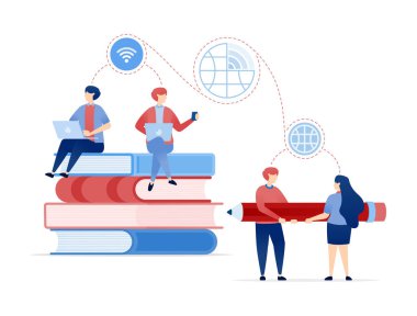 Öğrencilerin Öğrenim Fırsatlarını Kitaplar Üzerine Oturarak ve İşbirliği İçin İnternet Teknolojisi Kullanarak Keşfeden vektör çizimi. Pankartlar, web siteleri, uygulamalar için kullanılabilir