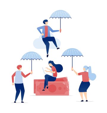 Bir Şemsiye İllüstrasyonu Altında Parayla Oturan Genç Bir Kız 'ı İnsanların Koruduğu Mali Koruma kavramının vektör çizimi. Pankartlar, web siteleri, uygulamalar için kullanılabilir