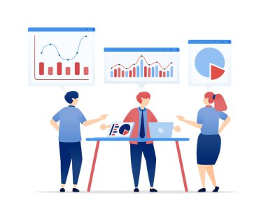 Bir Kurumsal Toplantı Masasındaki Stratejik Planlama ve Gelecek Hedefleri Mali Tablolarının Tartışması 'nın vektör çizimi. Pankartlar, web siteleri, uygulamalar için kullanılabilir