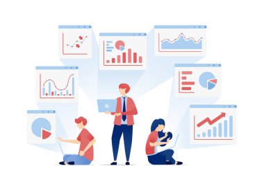 Halkın Paylaşım ve Gözden Geçirme Finansal Portföylerinin vektör çizimi, Geçmiş Veriler ve Geleceği Planlama. Pankartlar, web siteleri, uygulamalar için kullanılabilir