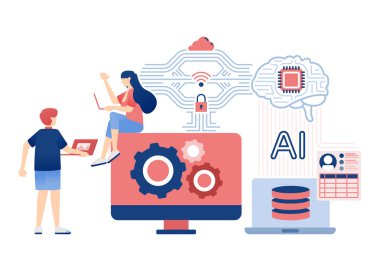 Birbirine Bağlı Kullanıcı Verileri ve Organize Bilgisayar Veritabanı için Beyin Çipi ile Yapay Zeka İllüstrasyonu