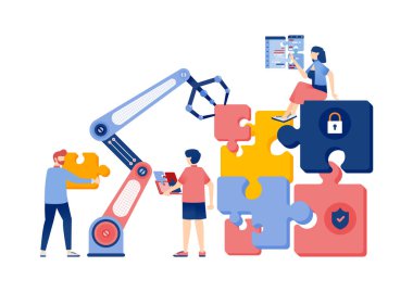 Robotlarla Yapay Zeka İllüstrasyonu ve Güvenlik Sistemi Çözme Sorunları Bulmacaları Kullanarak