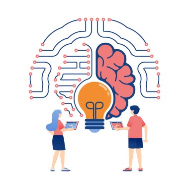 Ağ Halkının Beyni ve Işık Sembolleri ile Fikir ve Bilgi Arayan Yapay Zeka İllüstrasyonu