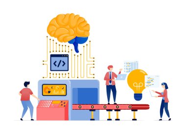 Gelişmiş Yaratıcılık İçin Ampul İnovasyonları ile Öğrenme Makineleri Oluşturan Bir İnternet Ağı ve AI Beyni tarafından desteklenen Bir Fikir Fabrikasındaki İnsanların İllüstrasyonu