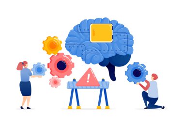 Vites ve Uyarı Çubukları ile Birleştirilmiş Hasarlı Beyinleri Olan Yapay Zeka Servislerini Onaran İnsanların İllüstrasyonu, Kritik Bakım ve Sistem Ayarlarını Vurguluyor