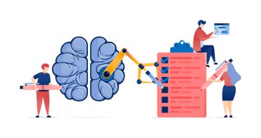 Yenilikçi Eğitim İçin Gelişmiş Öğrenme Makineleri Geliştirme AI Beyinleri tarafından desteklenen Anketleri, Sınavları ve Sınavları Tamamlamak için Sayborg Robot Kolları Kullanan İnsanların İllüstrasyonu