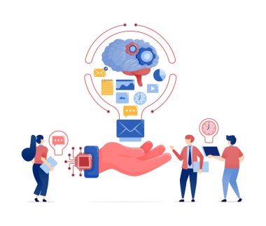 Veri ve kıvılcım fikirlerini işlemek için yapay zeka ve çip güçlü makineler kullanan insanların canlandırılması, Çip Eller, Beyin ve Ampullerin Füzyonuyla Çalışmaya Yaratıcı Çalışmalar