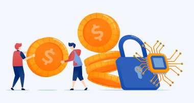 Çip asma kilitlerle mühürlenmiş madeni para yığınlarının çizimi, bankacılık hizmetlerinde şifreleme ve mali güvenliğin sağlanmasında güvenlik ve koruma teknolojisi gelişmelerini temsil ediyor