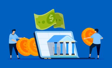 Fintech ve dijital bankacılık tasvirleri, modern finansı temsil eden bir merkez bankasından dizüstü bilgisayarlarla ortaya çıkıyor. Fintech platformları, bankacılık siteleri ve teknoloji blogları için kullanılabilir.