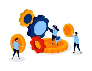 teçhizat ve madeni para, birbiriyle bağlantılı, üretken bir ekonomide yatırım, harcama ve gelir akışını temsil eden bir mali mekanizmayı birlikte tasvir eder. Pankart, mobil uygulama, web sitesi, kart için kullanılabilir