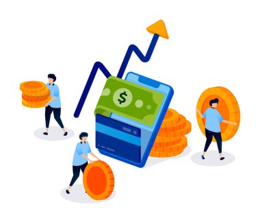 Tasarruf, Yatırım ve Düşük Faiz ve Ücretlere Erişim İçin Finansal Başvurular. Web sitesi, İniş Sayfası, Mobil Uygulamalar, Startup Flyer, Banner ve Ads Design için yaratıcı illüstrasyon